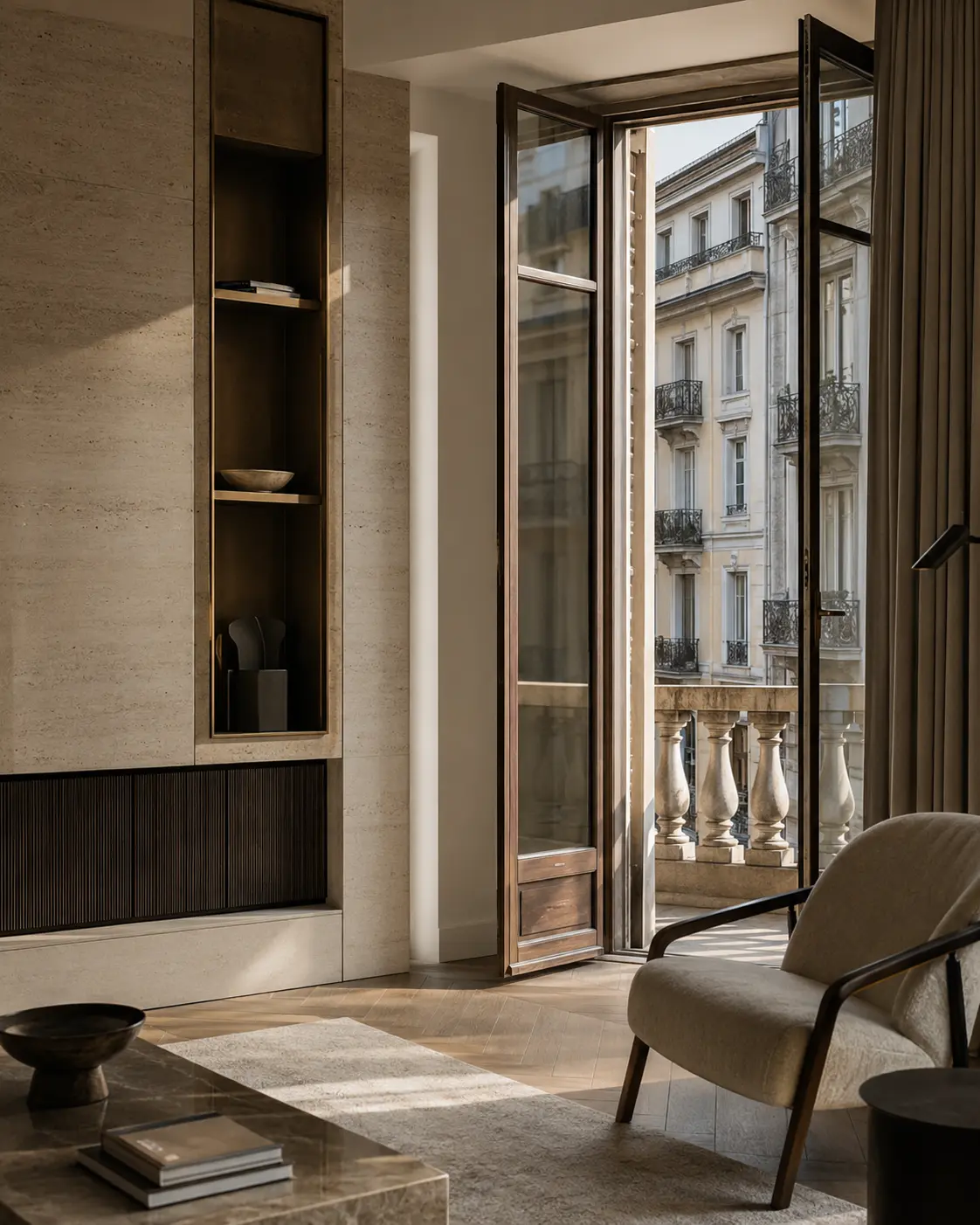 Interno elegante di un appartamento milanese con affaccio su un palazzo storico